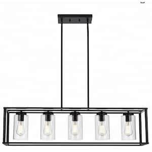 5-Light Dimmable Matte Black Linear Pendant Light Chandelier with Clear Glass Shade