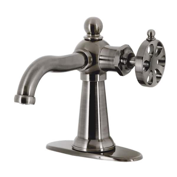 Kingston Brass Belknap Single-Handle Single Hole Bathroom Faucet with Push Pop-Up and Deck Plate in Black Stainless
