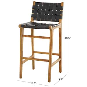 40 in. Black Teak Wood Woven Leather Seat and Back Bar Stool with Beam Footrest