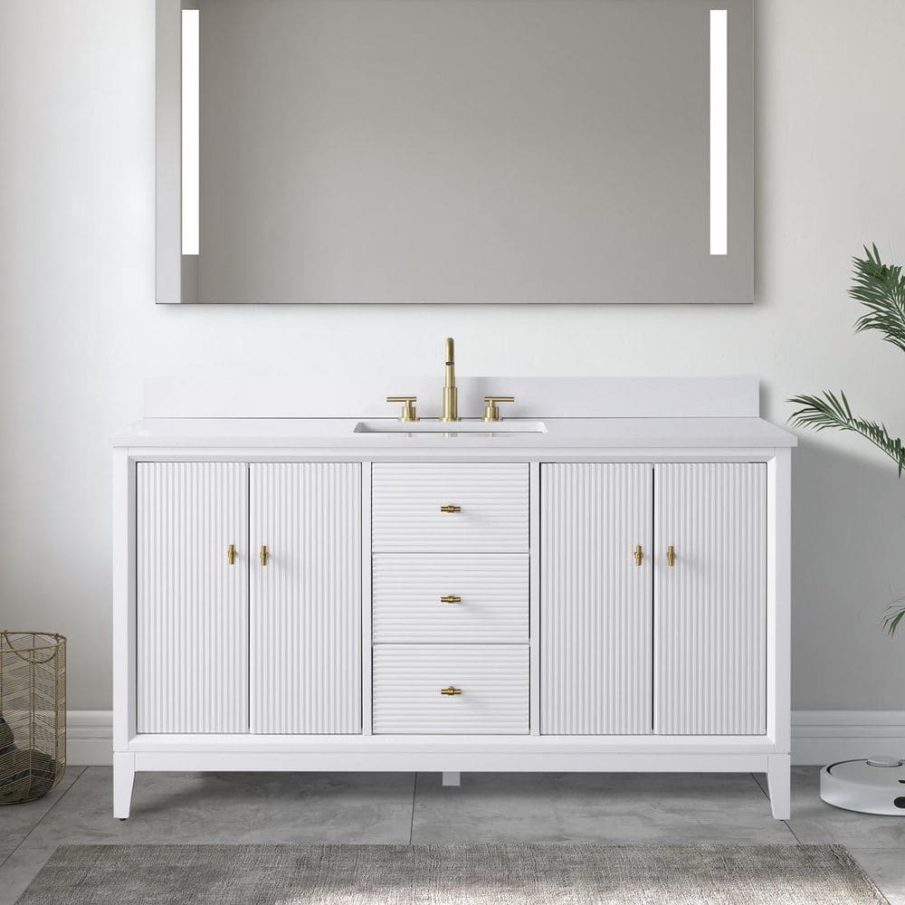 60 in. W x 34 in. H Single Sink White Bath Vanity Cabinet with Arabescato White Engineered Marble Top price history on PriceWatchPro