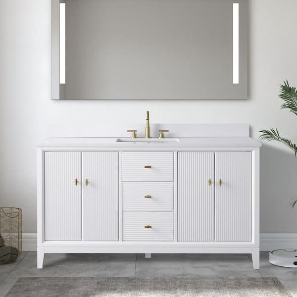 60 in. W x 34 in. H Single Sink White Bath Vanity Cabinet with Arabescato White Engineered Marble Top