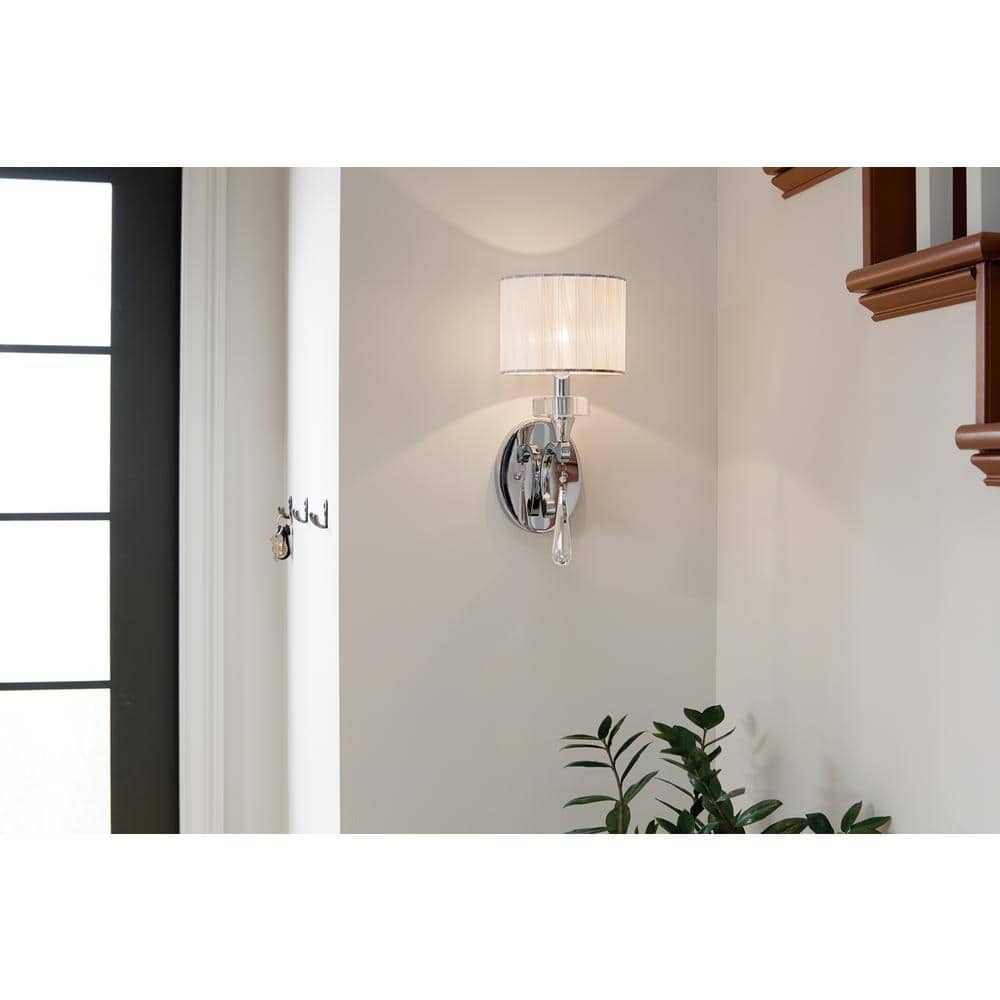 Chrome and White Fabric Shade Wall Sconce with Crystal Accents