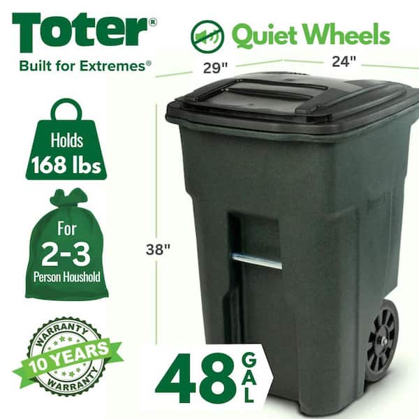 Toter Heavy Duty Two-Wheel Trash Cart, 48 Gallon Greenstone - ANA48-51406