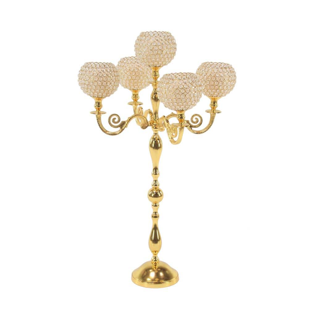 Elegant Gold Aluminum Hurricane Candelabra with Beaded Bobeches, 24" x 40"