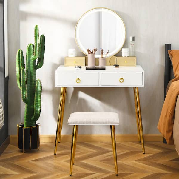 White Armoire Vanity Makeup Dressing Table Stool Set 3-Color ighted Mirror W/Drawers 31'' x 16'' x 51.5'' (L x W x H)