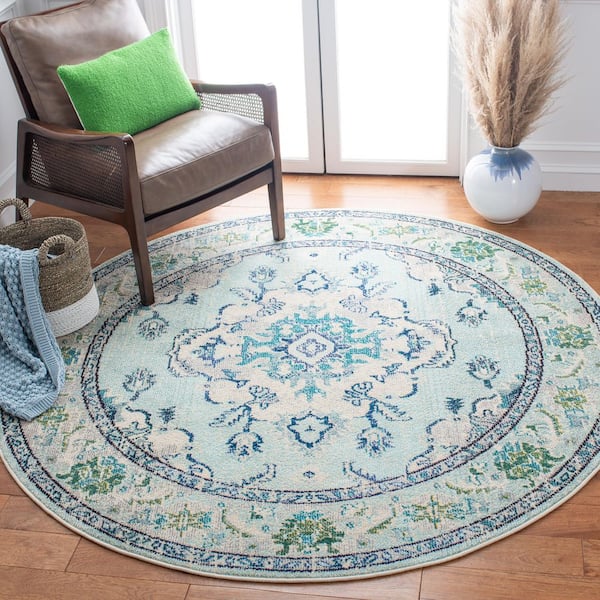 Monaco 5 ft. x 5 ft. Round Light Blue/Ivory Distressed Border Medallion Area Rug