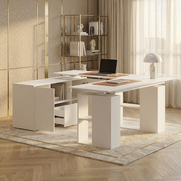 72.4 in. W U-Shaped White Adjustable Height Desk Ergonomic Desk Workstation Home Office with Cabinet, Bookshelf