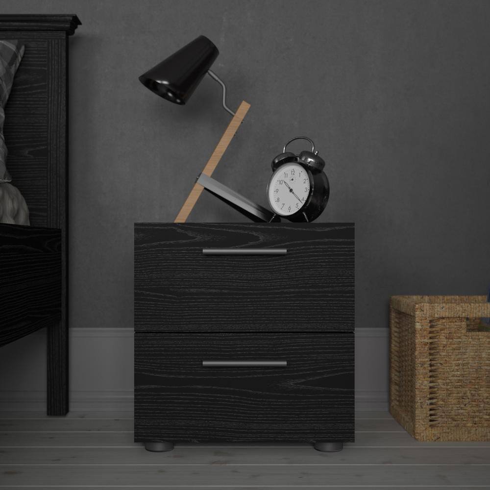Black Woodgrain 2-Drawer Nightstand with Metal Handles
