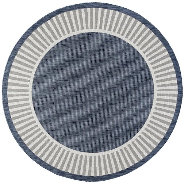 Tayse Rugs Eco Striped Border Navy 6 ft. Round Indoor/Outdoor Area Rug