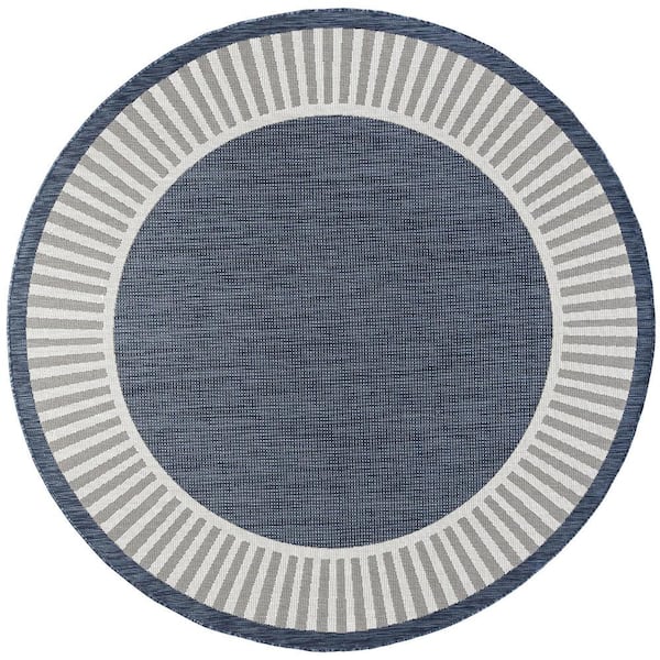 Tayse Rugs Eco Striped Border Navy 8 ft. Round Indoor/Outdoor Area Rug