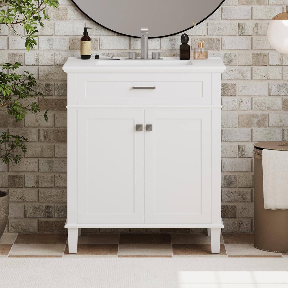 30-Inch White MDF Freestanding Bathroom Vanity with Ceramic Basin