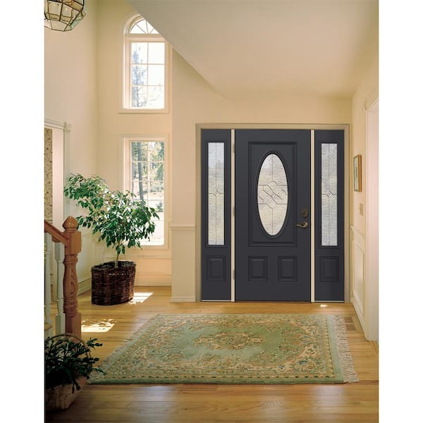 60 in. x 80 in. Right-Hand 3/4 Oval Brevard Decorative Glass Black Fiberglass Prehung Front Door w/Sidelites