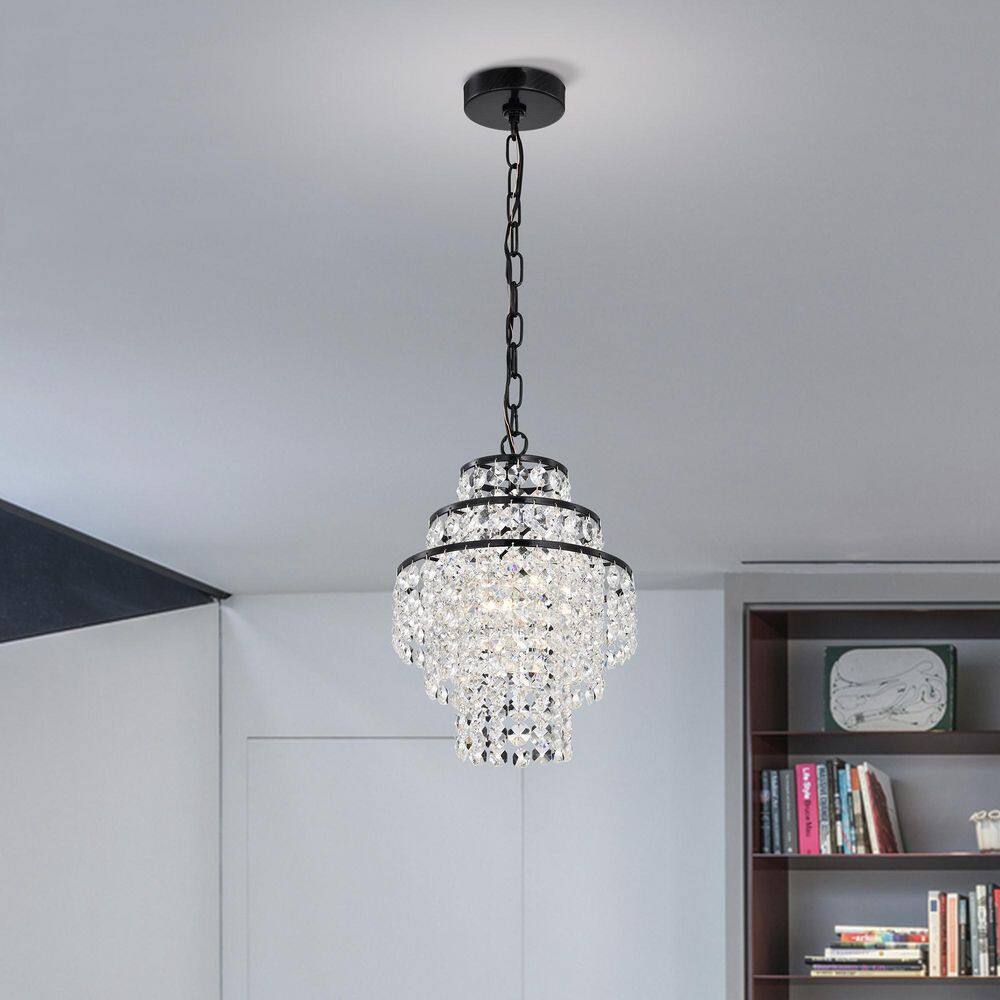 Antique Black Mini Chandelier with Tiered Crystal Cascades