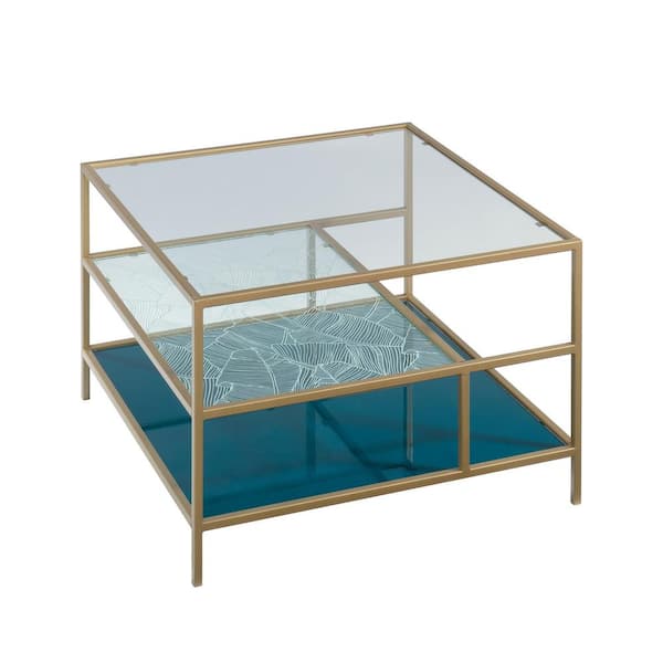 SAUDER Coral Cape 30 in. Satin Gold Medium Square Glass Coffee Table with Shelf