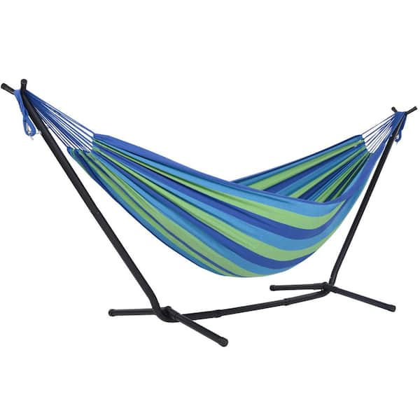 Atesun 10.7 ft. 2-Person Brazilian-Style Hammock with Stand in Blue and Green