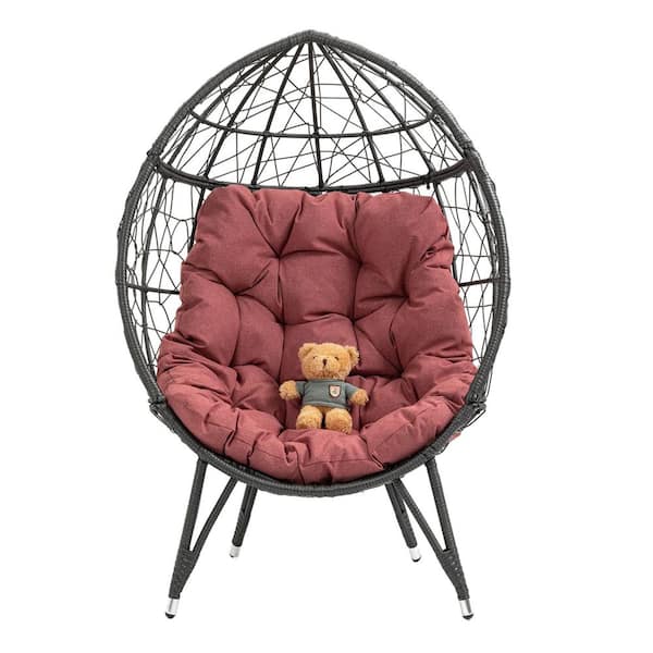 Flynama 1-Person Black Frame Metal Outdoor Patio Wicker Egg Chair Patio Swing with Cusion in Red