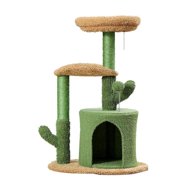 Unbranded 32.9 in. H Green Wooden Cactus Cat Tower, Soft Plush Cat Tree with Sisal Covered Scratching Post