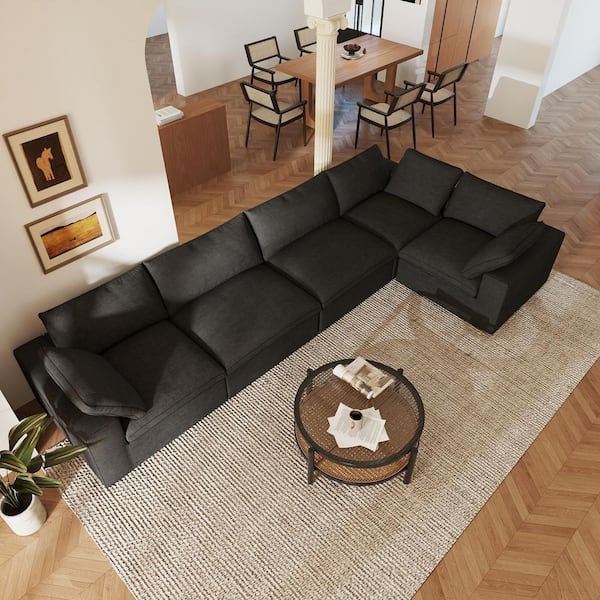 Magic Home 118 in. Square Arm 5-Piece Linen L-Shaped Modular Sectional Sofa Corner Cloud Couch in. Black