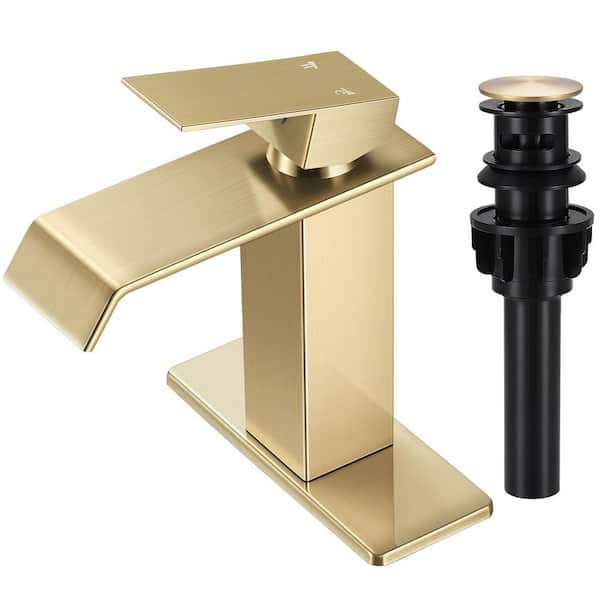 Waterfall Spout Single Handle Single Hole Bathroom Faucet with Deckplate and Pop-Up Drain in Brushed Gold