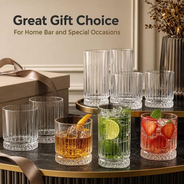 Wudkey Set of 8 Durable Glass Cups, 4 Highball Glasses 15 oz. & 4 Rocks Glasses 12oz. Glassware Set for Cocktail, Beer, Whiskey