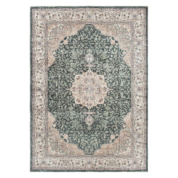 Traditional Oriental Medallion Washable Non Slip Green 5 ft. x 7 ft. Area Rug