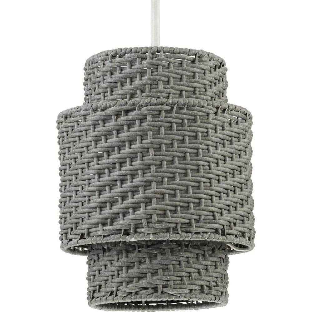 Weathered Grey Rattan Outdoor Pendant Light with White Etched Shade