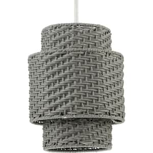 Manteo Collection 1-Light Cottage White Rattan Etched Glass Global Pendant Hanging Light
