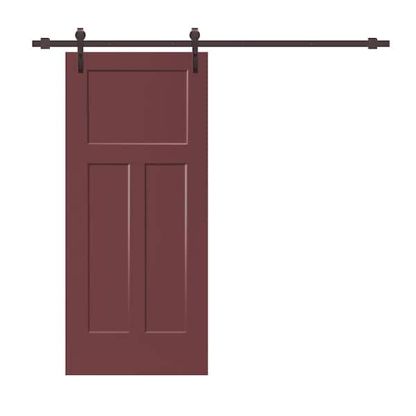 CALHOME 30 in. x 80 in. 3-Panel Maroon Stained Composite MDF Interior Sliding Barn Door with Hardware Kit