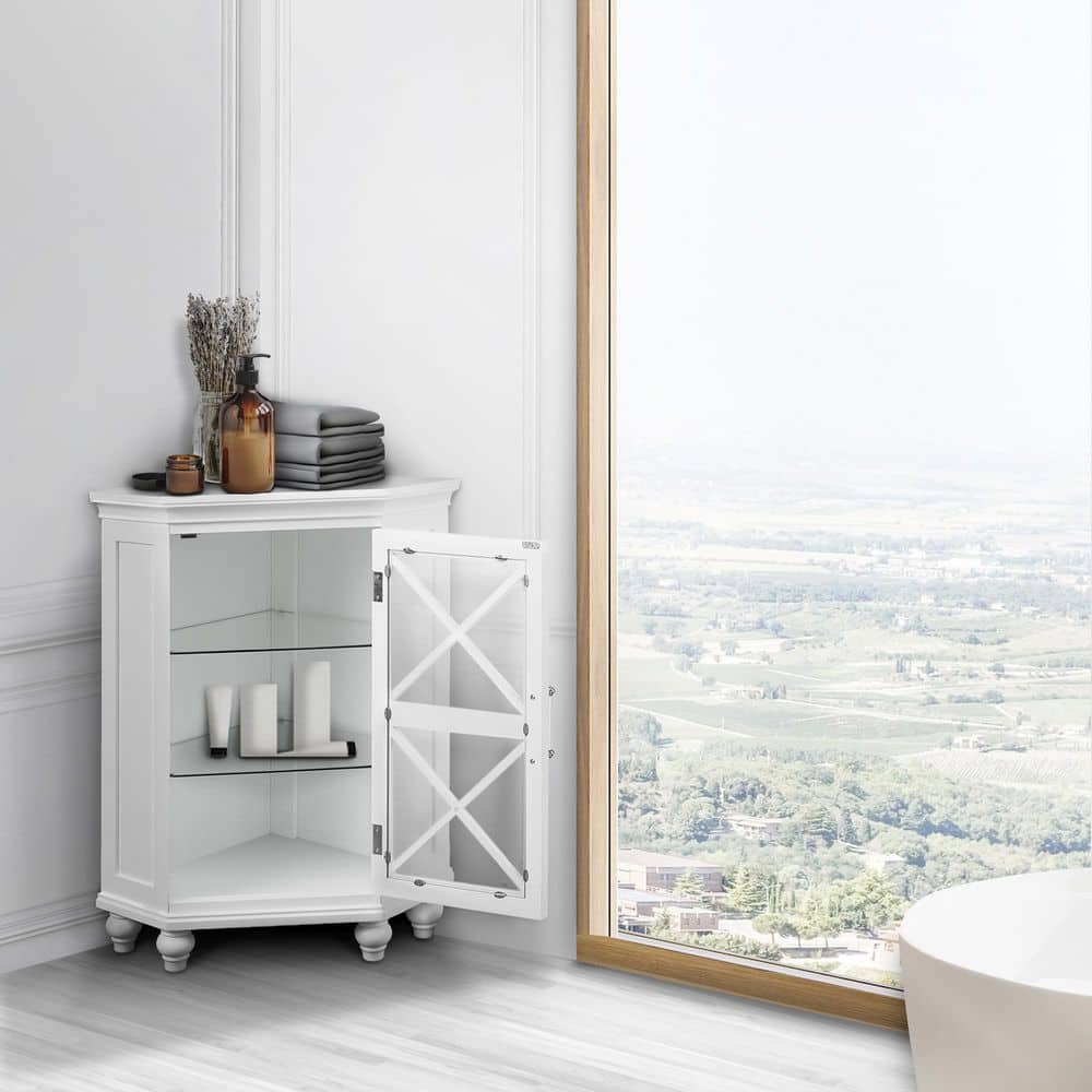 Classic White Corner Cabinet with Blue Accents and Adjustable Shelves