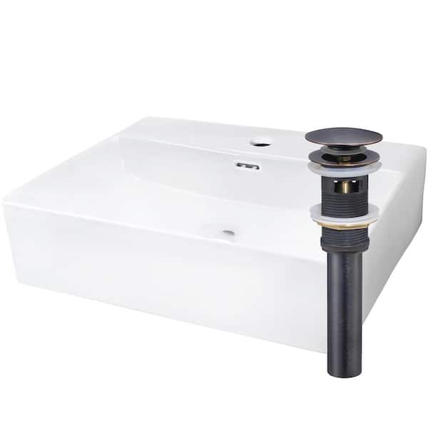 Novatto 20 in. Rectangular Vessel Bathroom Sink in White Porcelain with Faucet Hole and Overflow Drain in Oil Rubbed Bronze