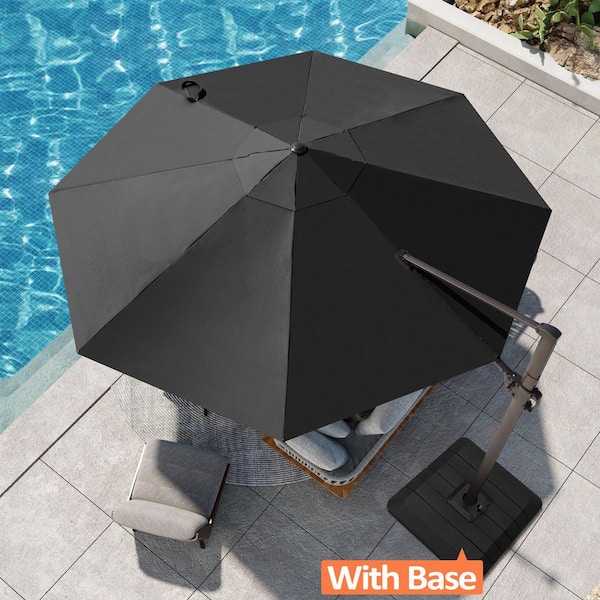Pellebant Heavy-Duty 12 ft. Round Aluminum Cantilever Offset 360° Rotation Crank-Lift Patio Umbrella in Black with Fillable Base