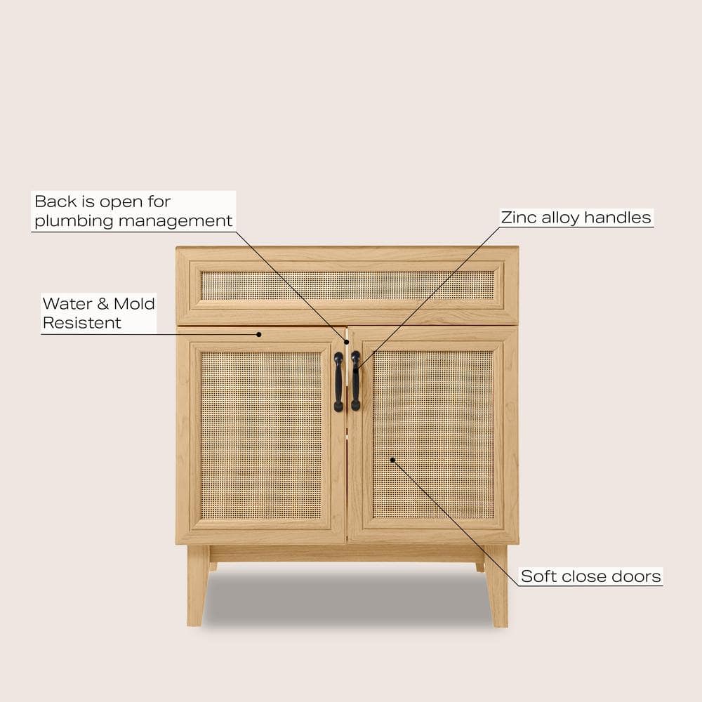 Javer 30" Oak Rattan Modern Farmhouse Bath Vanity Cabinet