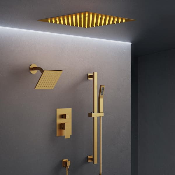 3-Spray Square 12 in. Rain LED Shower System with 6 in. Shower Head Handheld shower in Brushed Gold 2.5 GPM