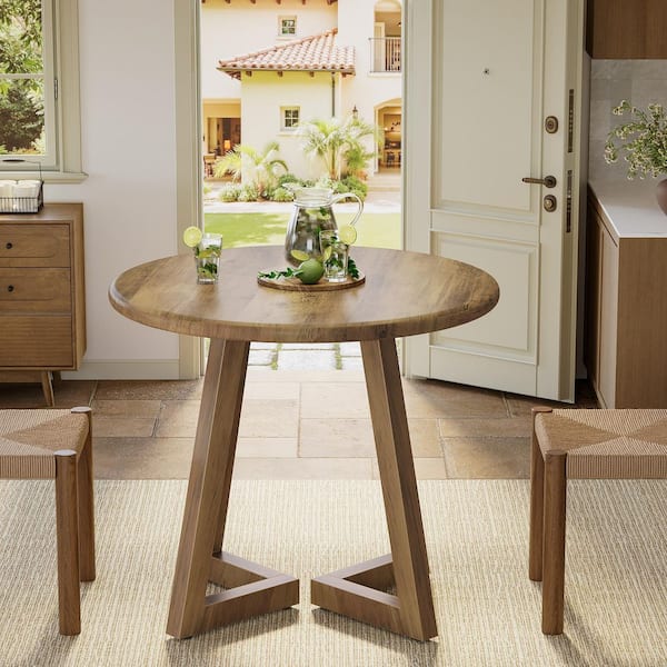 31.5 in. Brown Small Round Wood Dining Table for 2-4 People, Kitchen Table with Unique Legs for Dining Room, Living Room