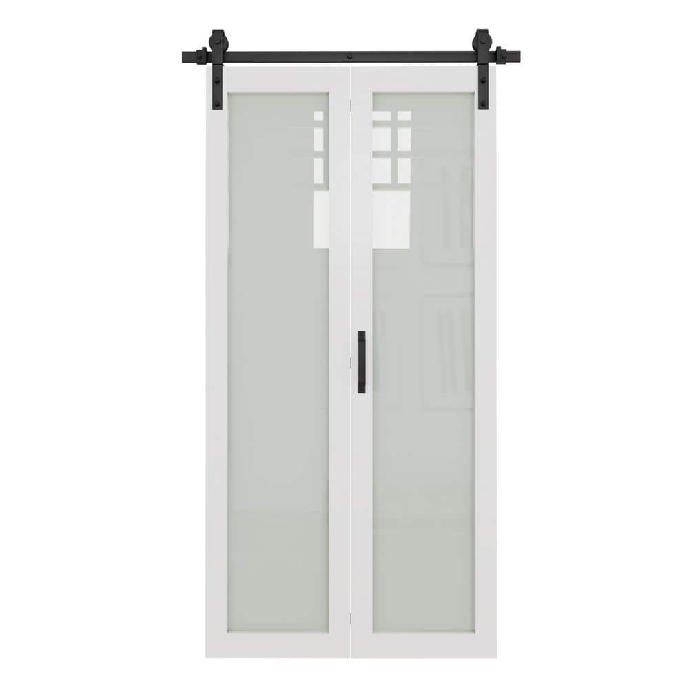 40 in. x 84 in. Full Lite Tempered Frosted Glass White Finished MDF Bi-Fold Sliding Barn Door Slab with Hardware Kit price history on PriceWatchPro