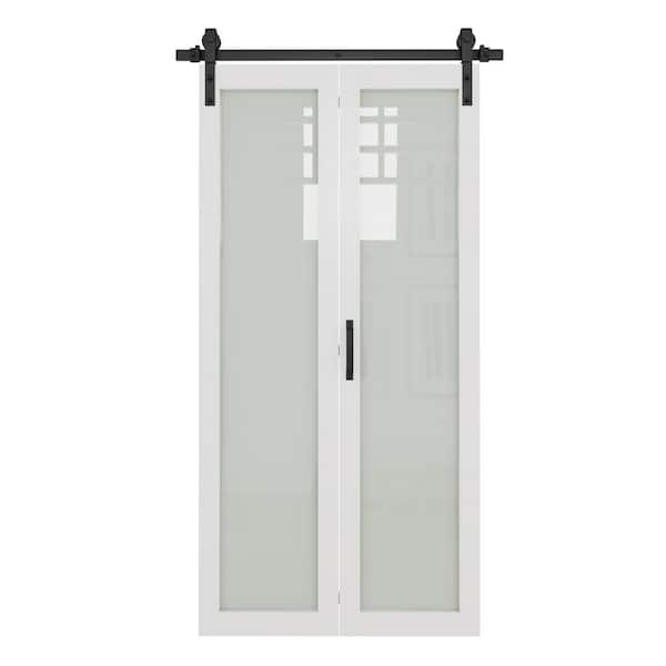 40 in. x 84 in. Full Lite Tempered Frosted Glass White Finished MDF Bi-Fold Sliding Barn Door Slab with Hardware Kit