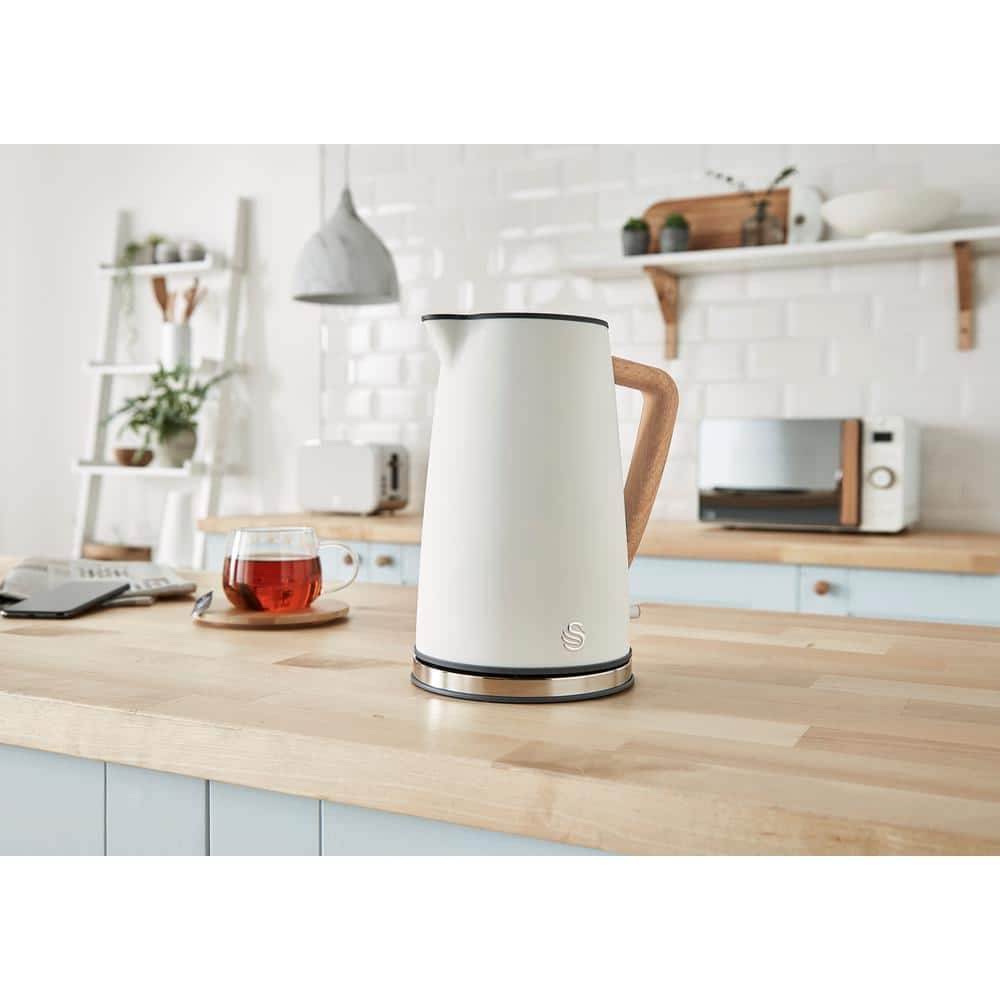 Nordic White 1.7L Cordless Electric Kettle with Wood-Effect Accents
