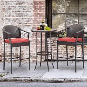 3 Piece Black Frame Wicker Outdoor Bistro Set, with Red Cushions and Round Top Coffee Table, for Garden Poolside