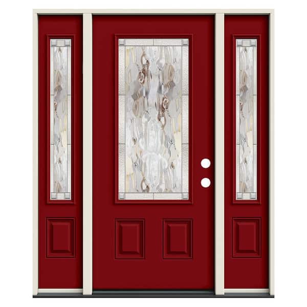 60 in. x 80 in. Left-Hand 3/4 Lite Wendover Decorative Glass Cranberry Red Paint Steel Prehung Front Door with Sidelites