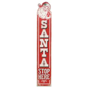 46 in. Weather-Resistant Santa Stop Here Christmas Vertical Wood Porch or Yard Stake Decor