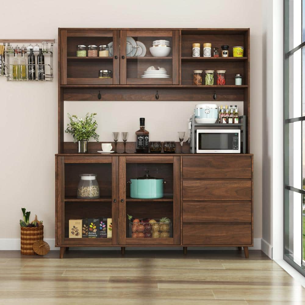 "63"" W Walnut Kitchen Hutch with 4 Doors, 4 Drawers & Microwave Shelf" price history on PriceWatchPro