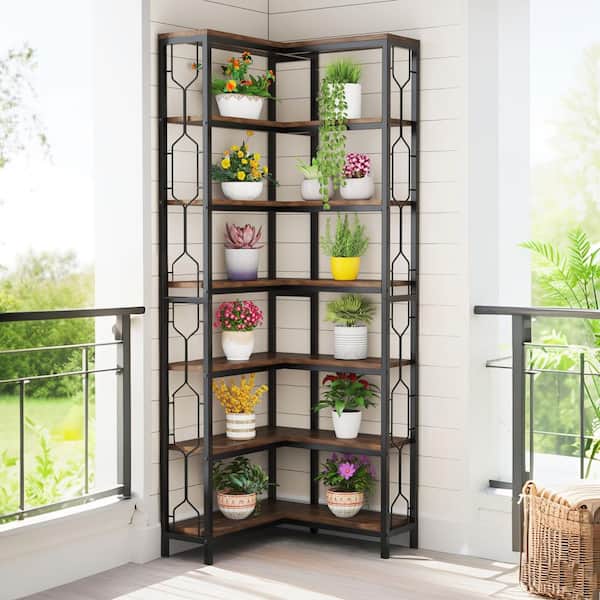 Eulas 78.7 in. Tall Rustic Brown Wood 14-Shelf Corner Bookcase, 7-Tier Industrial Corner Freestanding Bookshelf Home