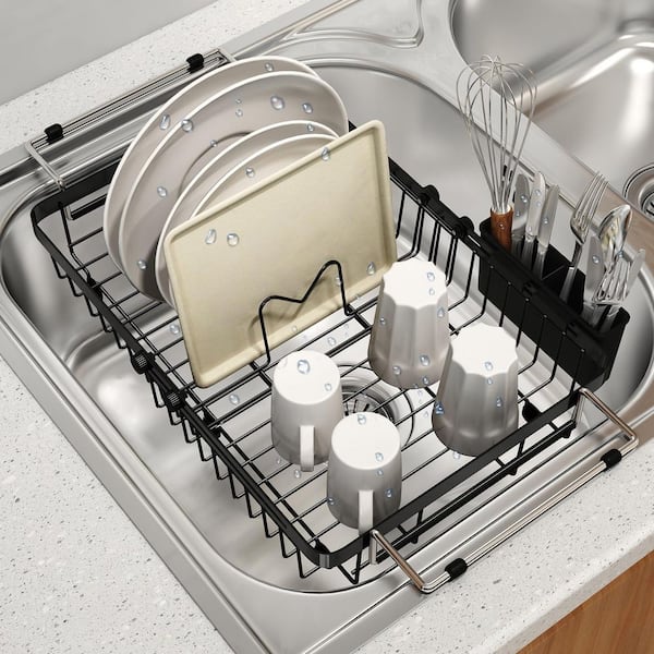 Black Stainless Steel Standing In Sink Dish Rack, 11.4 in. to 17.4 in. Expandable Over The Sink Dish Drying Rack