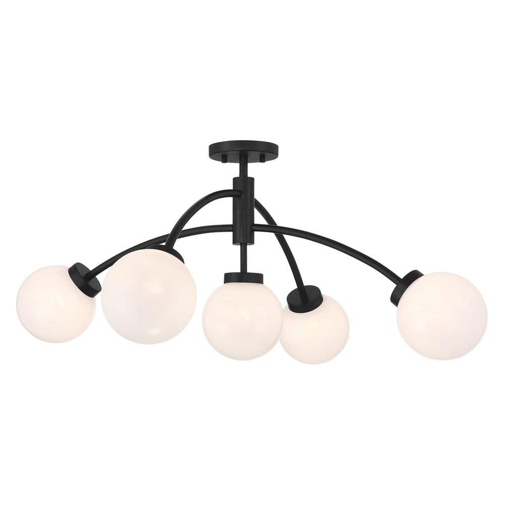 Redfield 36 in. 5-Light Mid-Century Modern Matte Black Semi-Flush Mount with White Strie Orb Glass Shades price history on PriceWatchPro