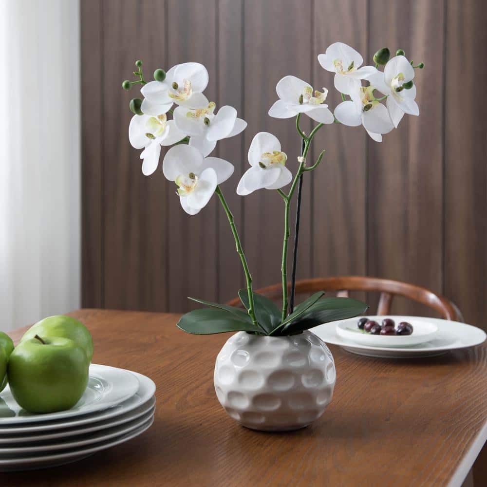 Double Stem 17 in. White Artificial Orchid Centerpiece in Ceramic Pot
