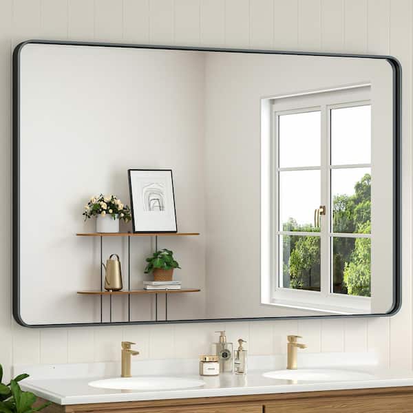 55 in. W x 36 in. H Modern Rectangular Aluminum Framed Wall Bathroom Vanity Mirror in Black