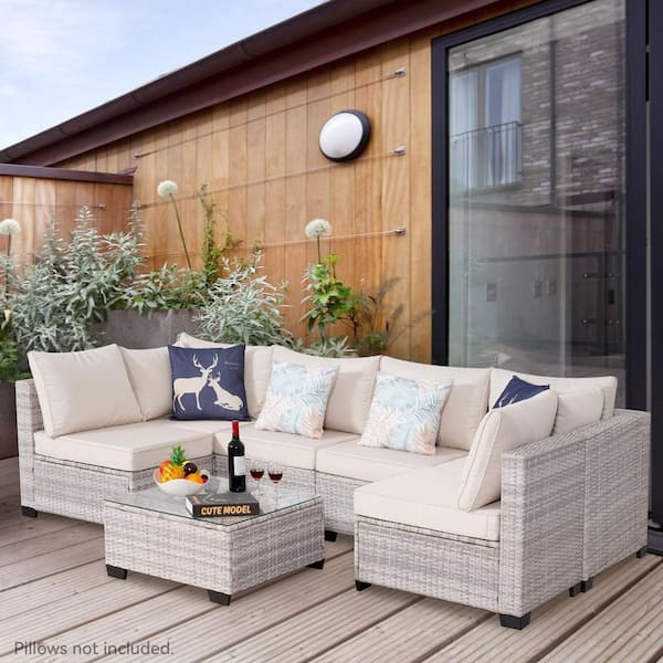 Unbranded Grey 7-Piece All-Weather Wicker Outdoor Sectional Set, Patio Conversation Set with Beige Cushions for Garden Backyard