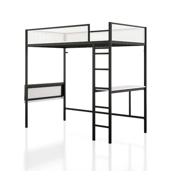 Nogren White/Black Twin Metal Loft Bed With Two Desks and Patented Noise Reduction Slat Design