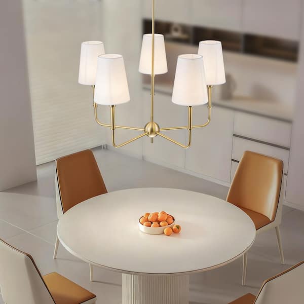 TinHon 5-Light Modern Gold Chandelier with White Fabric Shades for
