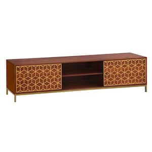 Kalyn Brown and Brass Acacia Wood Handcrafted TV Media Console Entertainment Center Fits TVs up to 78 in. with 2 Doors